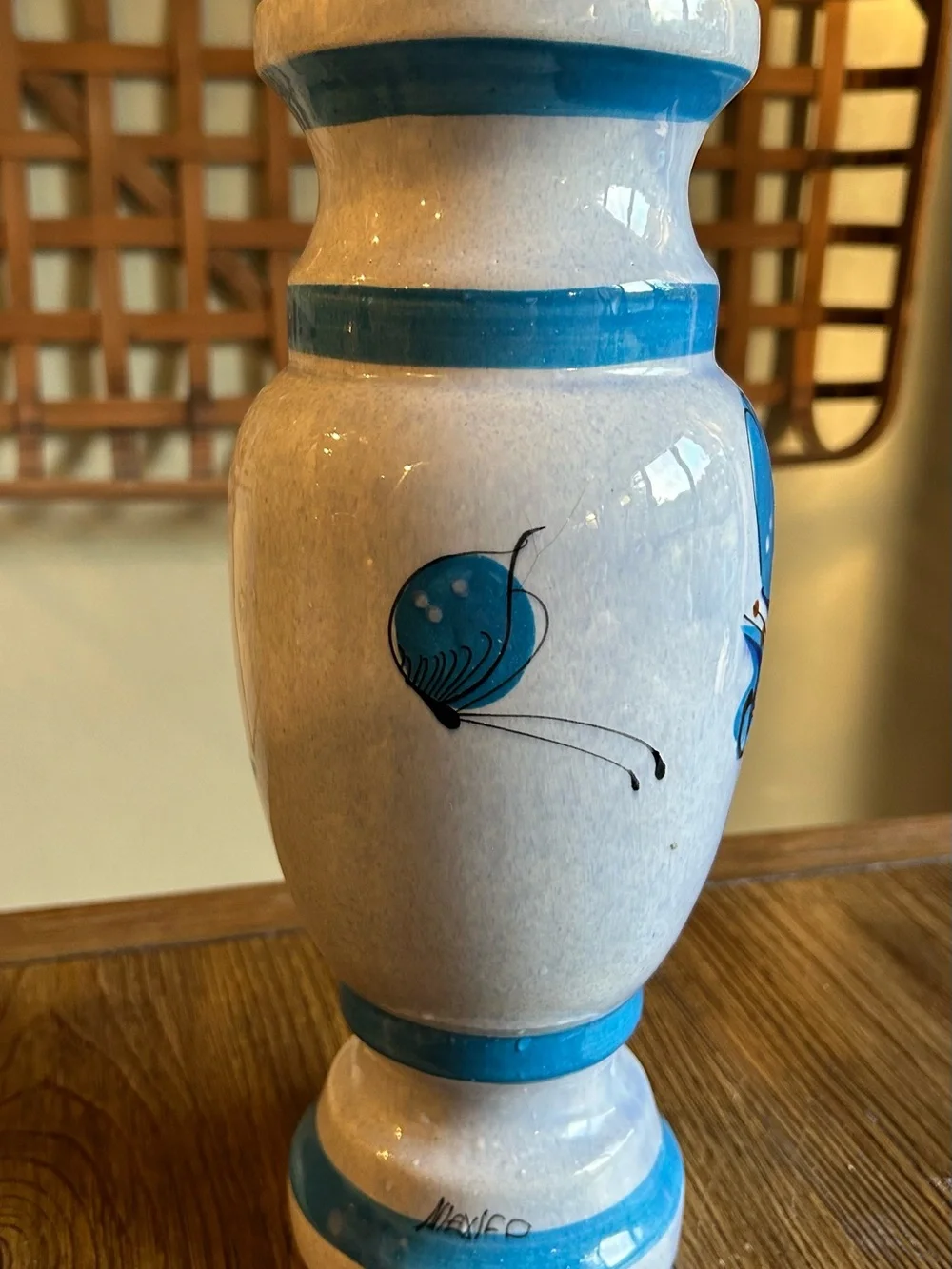 Blue Hand-Painted Pottery Vase with Bird and Floral Motif|Tonala Made in Mexico